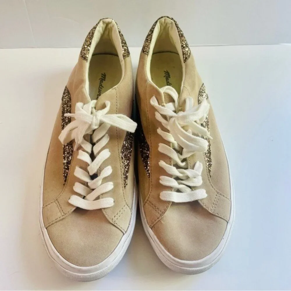 Madewell Sidewalk Low Top Beige Suede and Glitter Sneakers Size 10